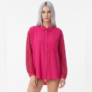 Umgee Fuchsia Button-Down Shirt with Lace Sleeves